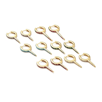 Cubic Zirconia Spike Horn Hoop Earrings, Gold Plated Brass Jewelry for Women, Cadmium Free & Lead Free, Mixed Color, 29x15.5x3mm, Pin: 1mm