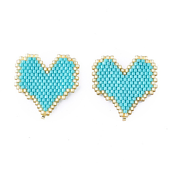 Handmade Seed Beads Pendants, with Elastic Thread, Loom Pattern, Heart, Turquoise, 27x26x1.5~2mm