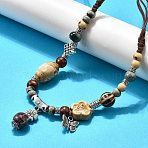 Ethnic Style Alloy & Porcelain Ceramic Beads Pendant Tassel Y Necklaces, Adjustable Waxed Cord Necklaces, Butterfly, 19.29 inch(49cm)~30.71 inch(78cm)(NJEW-D308-03B)