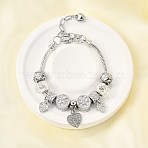 Alloy European Beads Charm Bracelets, Snake Chain Bracelets for Women, Heart, with Resin and Rhinestone, Lead Free & Cadmium Free, Platinum, 7-1/8 inch(18.2cm)(BJEW-F495-15P)