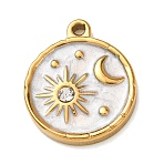 304 Stainless Steel Pendants, with Enamel & Rhinestone, Flat Round & Sun & Moon Charms, Real 18K Gold Plated, Ion Plating(IP), White, 19x16x2.5mm, Hole: 1.2mm(STAS-N129-13A-G01)