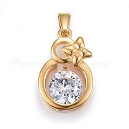 304 Stainless Steel Pendants, with Cubic Zirconia, Flat Round with Flower, Clear, Golden, 20x13x6mm, Hole: 6x3mm(X-STAS-P216-19G)