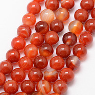 Natural Striped Agate/Banded Agate Bead Strands, Round, Grade A, Dyed & Heated, Orange Red, 8mm, Hole: 1mm, about 47pcs/strand, 15 inch(X-G-K166-13-8mm-08)
