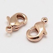Brass Lobster Claw Clasps, Cadmium Free & Nickel Free & Lead Free, Real Rose Gold Plated, 10x6x2.5mm, Hole: 1.2mm(KK-P130-093RG-NR)