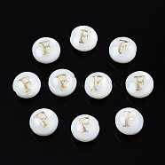 Natural Freshwater Shell Beads, with Golden Plated Brass Etched Metal Embellishments, Flat Round with Letter, Seashell Color, Letter.F, 6x4mm, Hole: 0.8mm(SHEL-S278-036F)