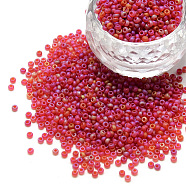 8/0 Grade A Round Glass Seed Beads, Transparent Frosted Style, AB Color Plated, Red, 3x2mm, Hole: 1mm, about 10000pcs/pound(SEED-Q010-3mm-M537)