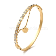 Rhinestone Heart Charms Bangles for Women, Adjustable Vacuum Plating 304 Stainless Steel Bangles, Golden, Inner Diameter: 1-7/8x2-1/4 inch(4.9x5.8cm)(BJEW-F474-09G)