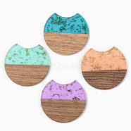 Transparent Resin & Walnut Wood Pendants, with Gold Foil, Gap Flat Round, Mixed Color, 34x36.5x3mm, Hole: 2mm(RESI-S389-001A-B)