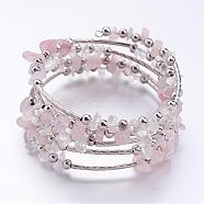 Five Loops Wrap Rose Quartz Beads Bracelets, with Crystal Chips Beads and Iron Spacer Beads, Pink, 2 inch(52mm)(BJEW-JB02589-01)