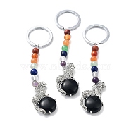 Natural Obsidian & Brass Cheetah Keychain, with 7 Chakra Gemstone Bead and Iron Rings, Lead Free & Cadmium Free, 10.3cm(KEYC-H019-01P-02)