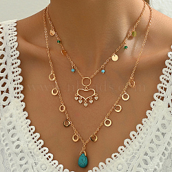 Natural Turquoise Teardrop Double Layer Necklaces, Brass Crystal Rhinestone Heart Pendant Necklaces for Women, Golden, 16.54 inch(42cm)(UL0638)