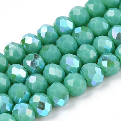 Electroplate Opaque Solid Color Glass Beads Strands, Half Rainbow Plated, Faceted, Rondelle, Light Sea Green, 6x5mm, Hole: 1mm, about 85~88pcs/strand, 16.1~16.5 inch(41~42cm)(EGLA-A034-P6mm-L25)