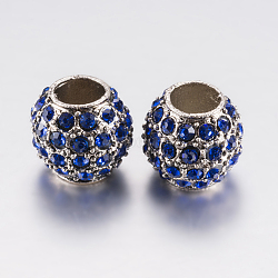 Alloy Rhinestone European Beads, Large Hole Beads, Rondelle, Platinum, Royal Blue, 10.5x9.5mm, Hole: 5mm(PALLOY-F200-03E)