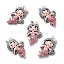 Opaque Resin Pendants, with Glitter Powder and Platinum Tone Iron Loops, Mermaid, Silver, 35x21.5x6mm, Hole: 2mm(X-RESI-D055-035P)