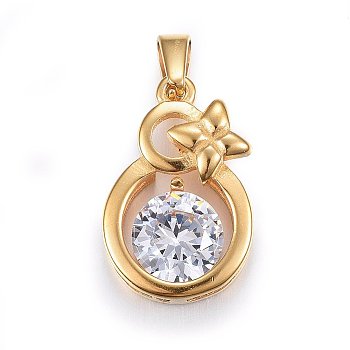 304 Stainless Steel Pendants, with Cubic Zirconia, Flat Round with Flower, Clear, Golden, 20x13x6mm, Hole: 6x3mm
