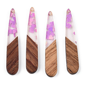 Transparent Resin & Walnut Wood Pendants, Teardrop Charms with Heart Paillettes, Violet, 44x7.5x3.5mm, Hole: 1.5mm