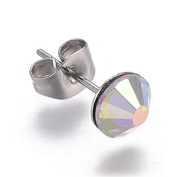 304 Stainless Steel Stud Earrings, with Rhinestone, Crystal AB, 14.8~15x6~6.2mm, Pin: 0.7