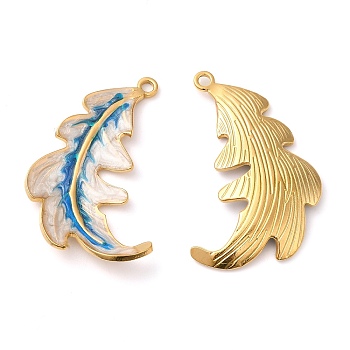 304 Stainless Steel Enamel Pendants, Real 18K Gold Plated, Feather Charm, Steel Blue, 38x27x3mm, Hole: 2mm