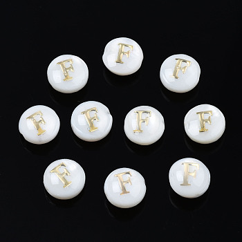 Natural Freshwater Shell Beads, with Golden Plated Brass Etched Metal Embellishments, Flat Round with Letter, Seashell Color, Letter.F, 6x4mm, Hole: 0.8mm