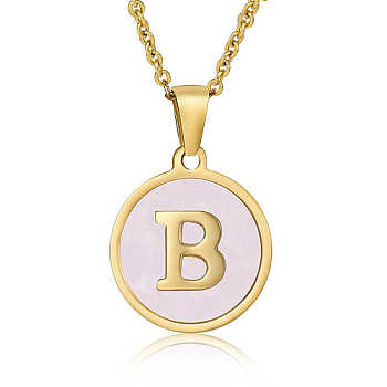 Natural Shell Initial Letter Pendant Necklace, with Golden Stainless Steel Cable Chains, Letter B, 17.72 inch(45cm)