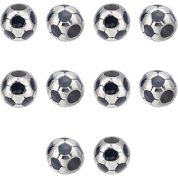 10Pcs 304 Stainless Steel Enamel European Beads, Large Hole Beads, FootBall/Soccer Ball, Stainless Steel Color, 12.5x12mm, Hole: 5mm