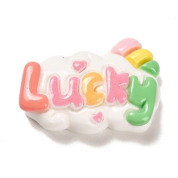 Opaque Resin Lucky Decoden Cabochons, Pink, Word, 16.5x24x6mm