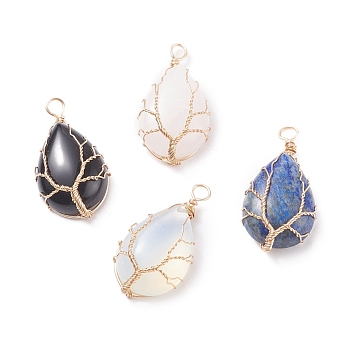 Natural & Synthetic Gemstone Pendants, with Real 18K Gold Plated Copper Wire Wrapped, Teardrop, 34.5~36.5x18~19x8.5~10mm, Hole: 3~3.5mm