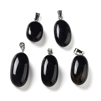 Natural Agate Dyed Pendants, Oval Charms with Stainless Steel Color Plated Stainless Steel Snap on Bails, Black, 21~32x9.5~16.5x10.5x7.5~12.5mm, Hole: 6x3mm