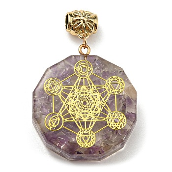 Natural Amethyst European Dangle Polygon Charms, Large Hole Pendant with Golden Plated Alloy Hexagon Slice, 53mm, Hole: 5mm, Pendant: 39x35x11mm