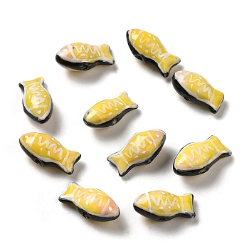 Handmade Printed Porcelain Beads, Famille Rose Porcelain, Fish, Yellow, 11x21.5~22x9mm, Hole: 1.5~1.8mm