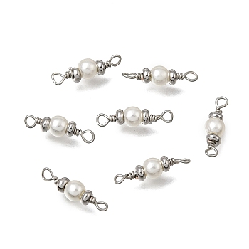 ABS Plastic Imitation Pearl Round Links Connector Charms, with Brass Loops, Rack Plating, Long-Lasting Plated, White, Platinum, 14x4mm, Hole: 1.4mm