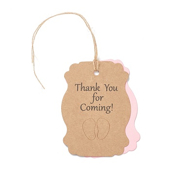 Paper Duplex Hang Tags, with Hemp Ropes, with Word Thank You for Coming & Footed Pattern, for Baby Show Gifts Decorative, Pink, 71x50x0.5mm, Hole: 4mm, 50pcs