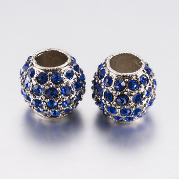 Alloy Rhinestone European Beads, Large Hole Beads, Rondelle, Platinum, Royal Blue, 10.5x9.5mm, Hole: 5mm