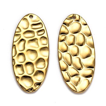 304 Stainless Steel Pendants, Textured, Oval, Golden, 38x16x1~1.5mm, Hole: 1.5mm
