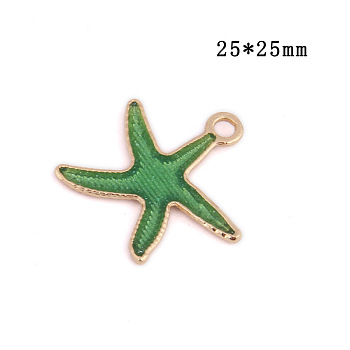 Alloy Enamel Pendants, Starfish Shape, Cadmium Free & Lead Free, Light Gold, Green, 25x25mm, Hole: 2.5mm