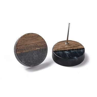 Resin & Walnut Wood Flat Round Stud Earrings with 304 Stainless Steel Pin for Women(EJEW-TAC0021-04A)-2