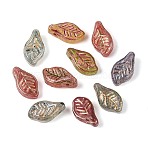 Picasso Baking Paint and Golden Metal Enlaced Glass Beads, Leaf, Mixed Color, 12x6.5x5~5.5mm, Hole: 0.9~1mm(DGLA-T004-49M)