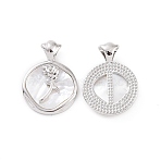 Brass Shell Pendants, Flat Round with Rose Charms, Platinum, 21.5x15.5x4.3~4.5mm, Hole: 3.8x2.4mm(KK-E068-VC131)