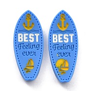 Opaque Resin Cabochons, Ocean Theme, Surfboard with Anchor & Sailboat & Word BEST Feeling ever, Dodger Blue, 35x13.8x5mm(RESI-C010-01)