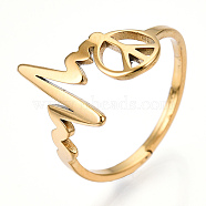 Ion Plating(IP) 304 Stainless Steel Heart Bit with Peace Sign Adjustable Ring, Wide Band Ring for Women, Real 18K Gold Plated, US Size 6 1/4(16.7mm)(RJEW-T027-04G)