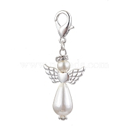 Glass Pearl Pendant Decorations, with Alloy Findings, Angel, Silver, 52mm(HJEW-JM01693)