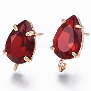 Brass Stud Earring Findings, with Transparent Glass and Loop, Long-Lasting Plated, Teardrop, Light Gold, Dark Red, 14x8.5mm, Hole: 1.2mm, Pin: 0.7mm(KK-S365-005-A03)