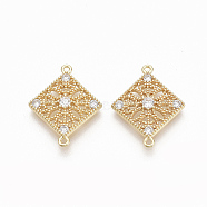 Brass Micro Pave Clear Cubic Zirconia Links, Nickel Free, Rhombus, Real 18K Gold Plated, 19.5x15.5x2.5mm, Hole: 1mm(ZIRC-Q021-045G-NF)