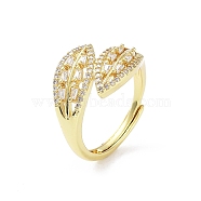Leaf Shape Rack Plating Brass Micro Pave Cubic Zirconia Adjustable Ring, Long-Lasting Plated, Lead Free & Cadmium Free, Real 18K Gold Plated, Inner Diameter: 18.2mm(RJEW-F155-01G)
