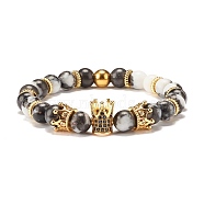 Round Natural Zebra Jasper Beaded Stretch Bracelet with Crown for Women, Golden, Inner Diameter: 2-1/4 inch(5.6cm)(BJEW-JB07530-01)