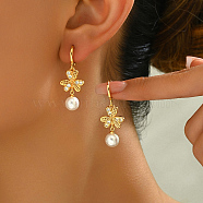 Elegant Fashion Clover Stainless Steel Hoop Earrings for Women, with Rhinestone & Pearl, Golden, 35x7.7mm(WG6740)