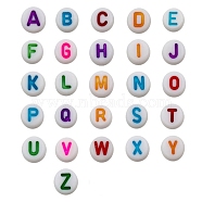 Opaque Acrylic Beads, White, Flat Round with Alphabet, Letter A~Z, Colorful, 7mm(JX231A)