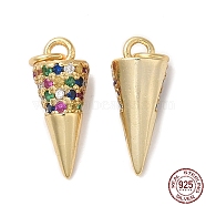 925 Sterling Silver Micro Pave Cubic Zirconia Charms, Cone Charm, with Jump Ring, Real 18K Gold Plated, 13x5.5mm, Hole: 2.3mm(STER-I010-12G)