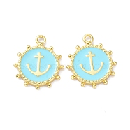 Eco-Friendly Stainless Steel Enamel Pendants, Real 18K Gold Plated, Long-Lasting Plated, Flat Round with Anchor, Cyan, 20x16.5x2.2mm, Hole: 1.9mm(STAS-C031-02G-03)