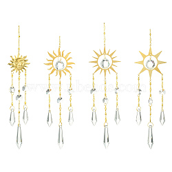4Pcs 4 Styles Sun Metal Hanging Ornaments, Glass Cone Tassel Suncatchers for Garden Outdoor Home Decoration, Golden, 318~342mm, 1pc/style(HJEW-CJ0001-21)